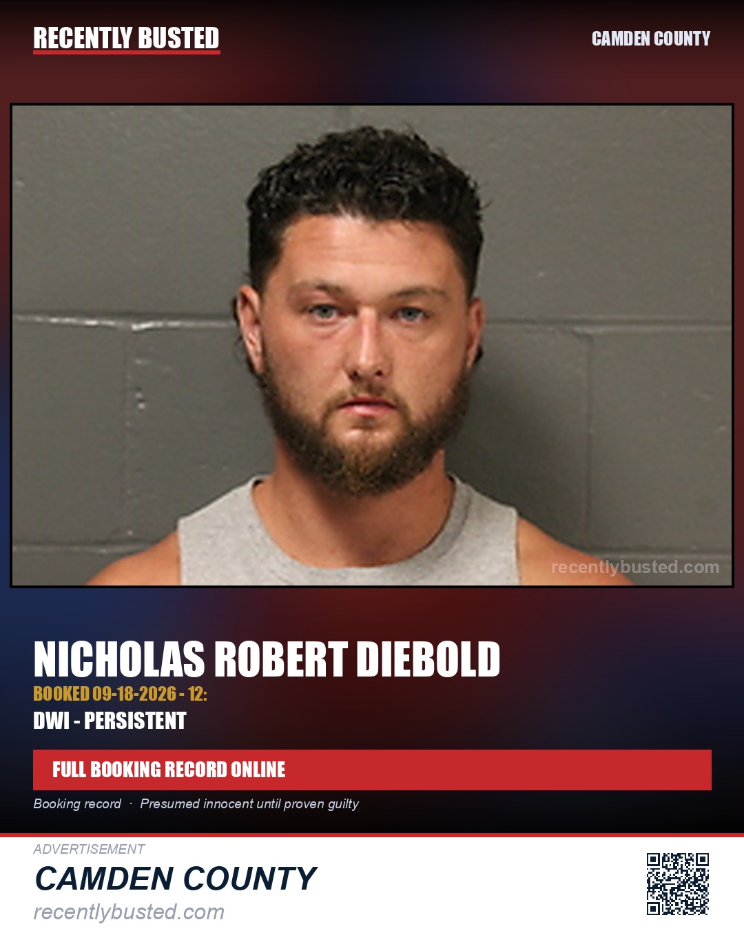 Diebold, Nicholas Robert — arrest record card, Camden County