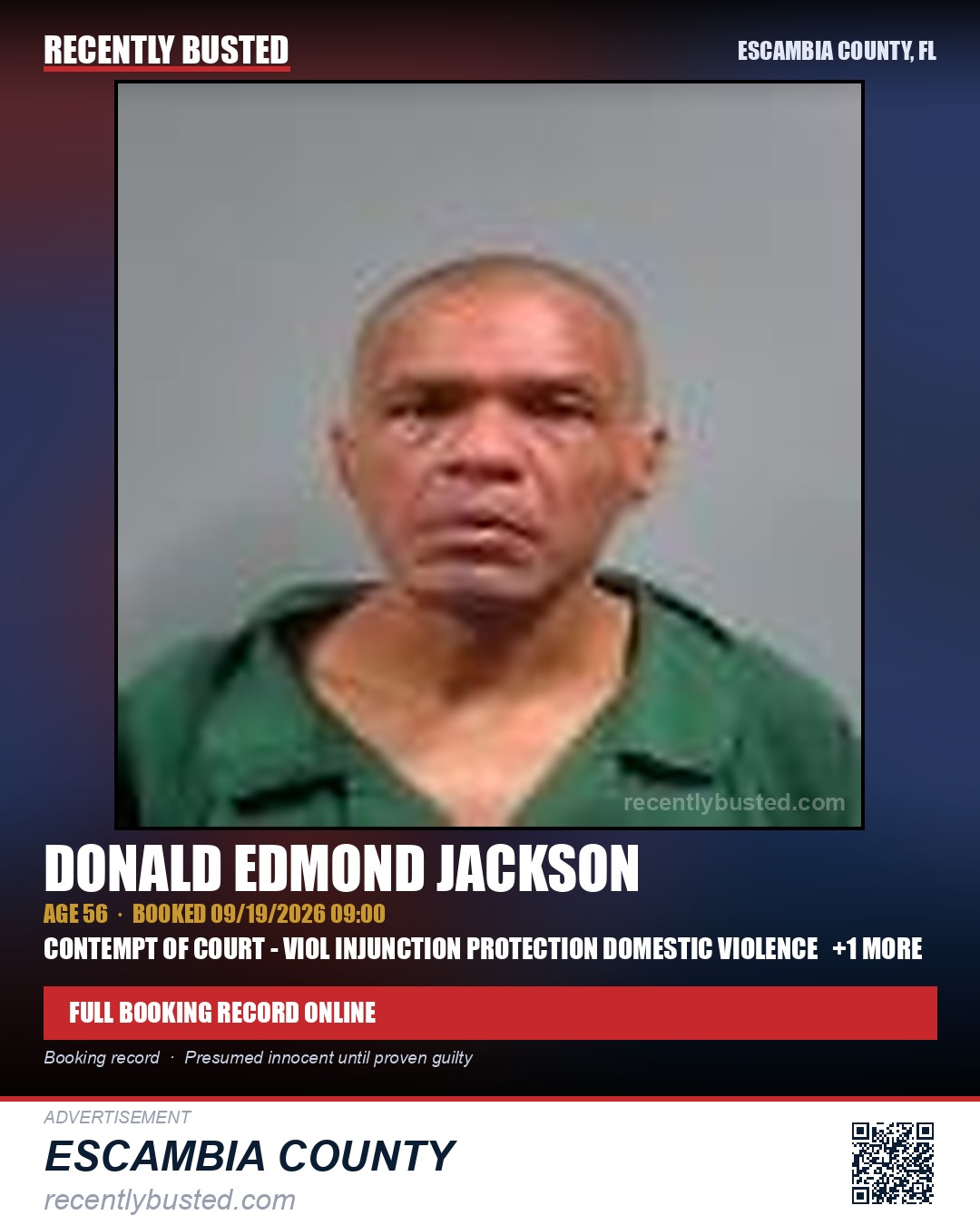Donald Edmond Jackson — arrest record card, Escambia County, Florida