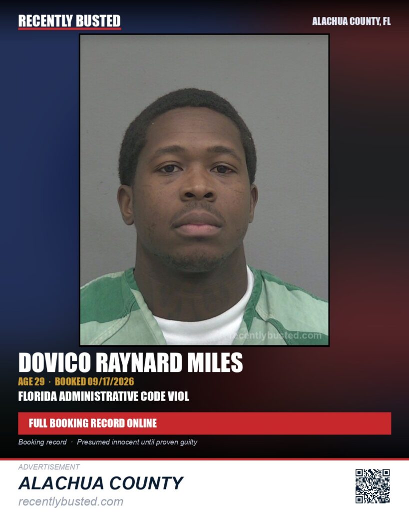 Dovico Raynard Miles — arrest record card, Alachua County, Florida