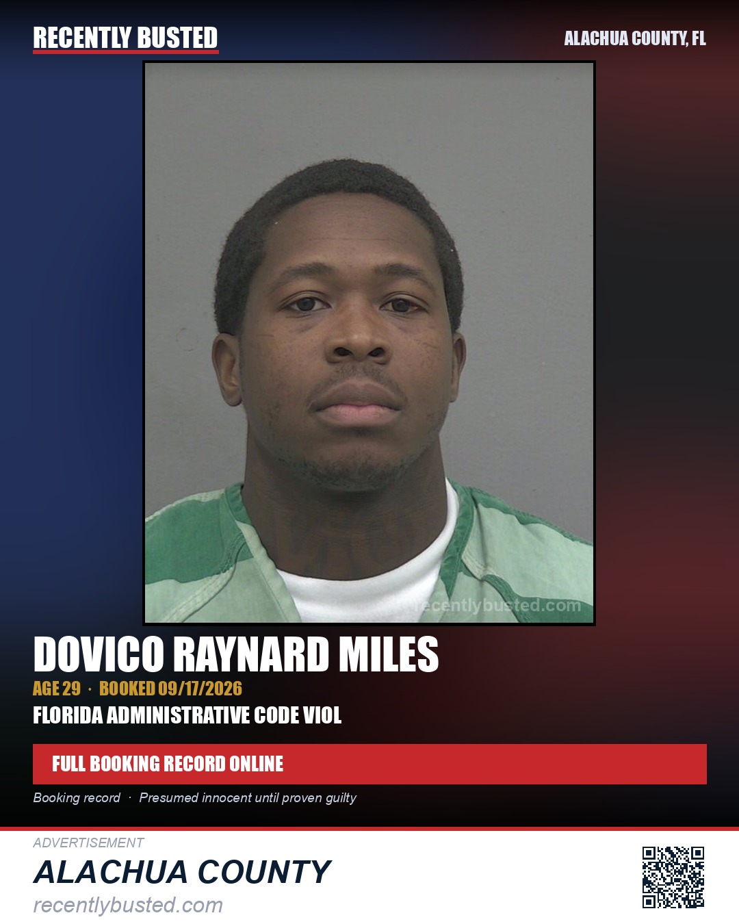 Dovico Raynard Miles — arrest record card, Alachua County, Florida