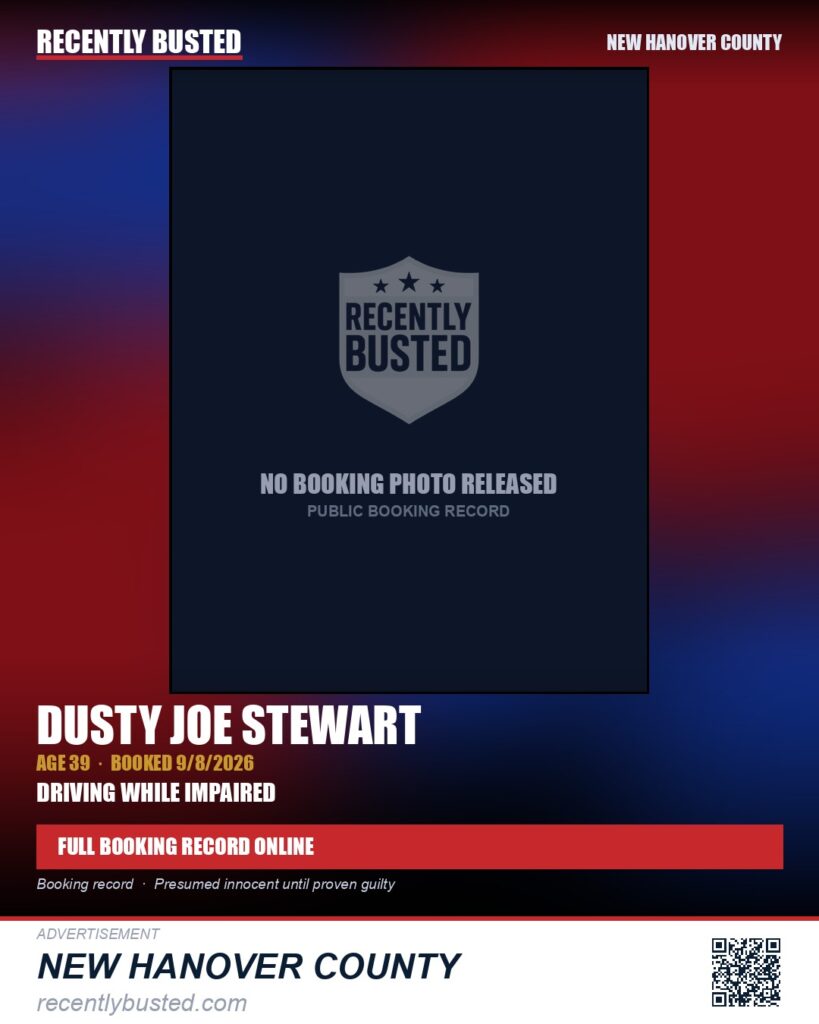 DUSTY JOE STEWART — arrest record card, New Hanover County