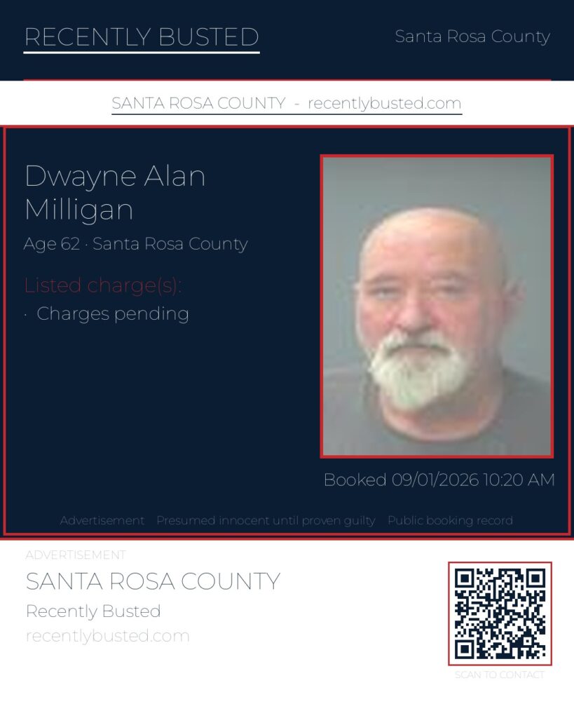 Dwayne Alan Milligan — arrest record card, Santa Rosa County, Florida