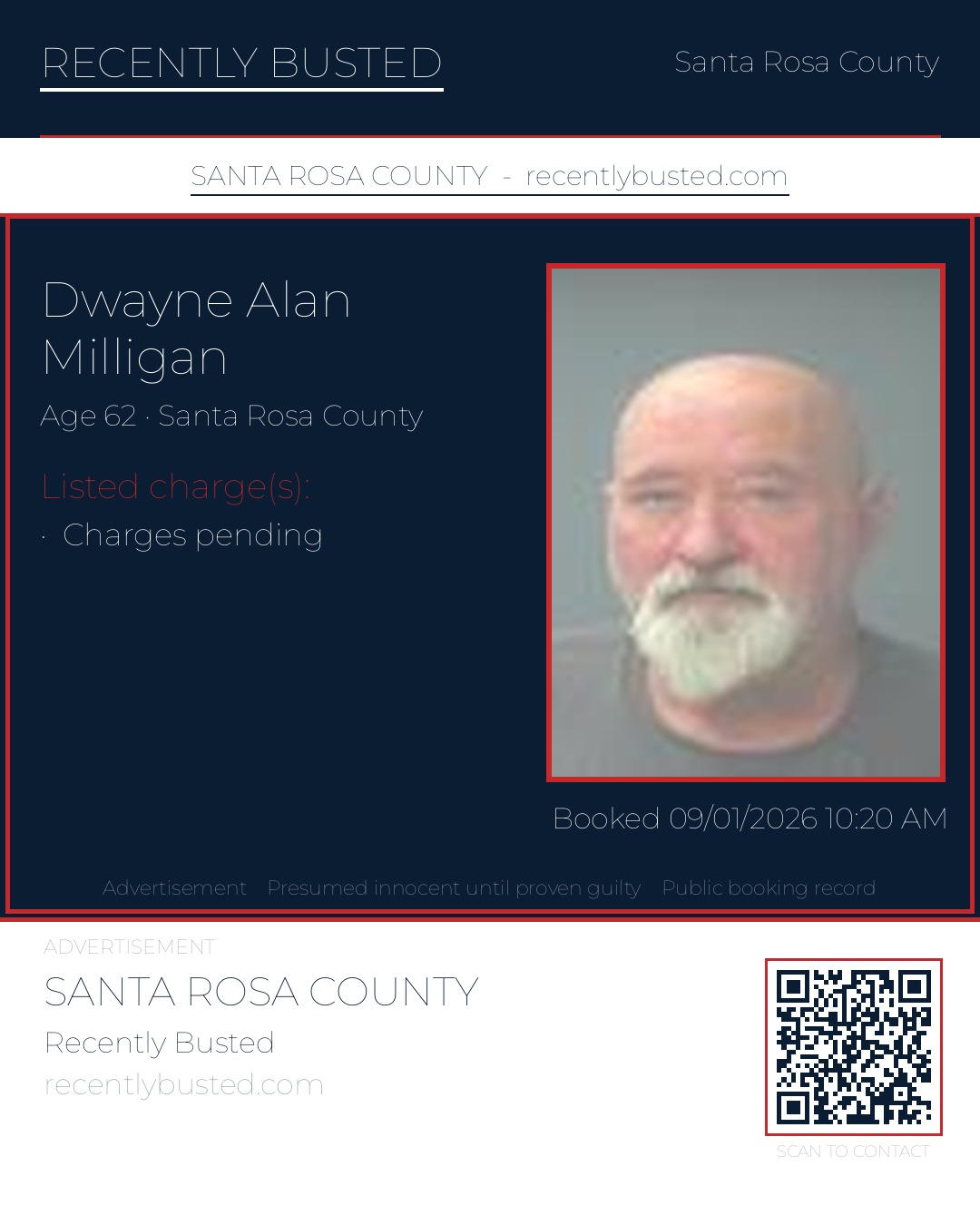 Dwayne Alan Milligan — arrest record card, Santa Rosa County, Florida