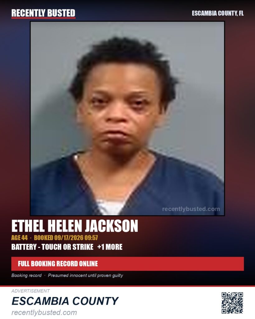 Ethel Helen Jackson — arrest record card, Escambia County, Florida