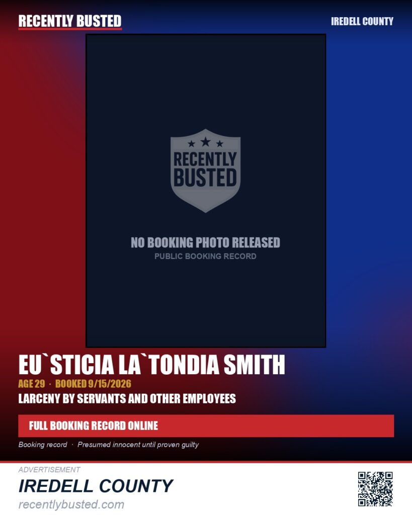 EU`STICIA LA`TONDIA SMITH — arrest record card, Iredell County