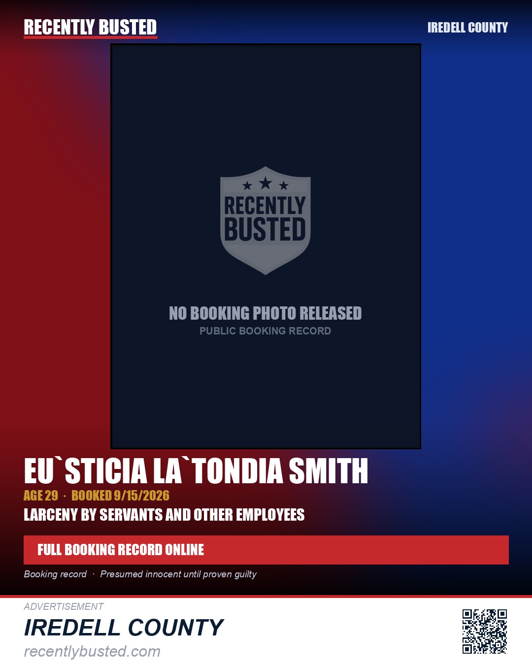 EU`STICIA LA`TONDIA SMITH — arrest record card, Iredell County