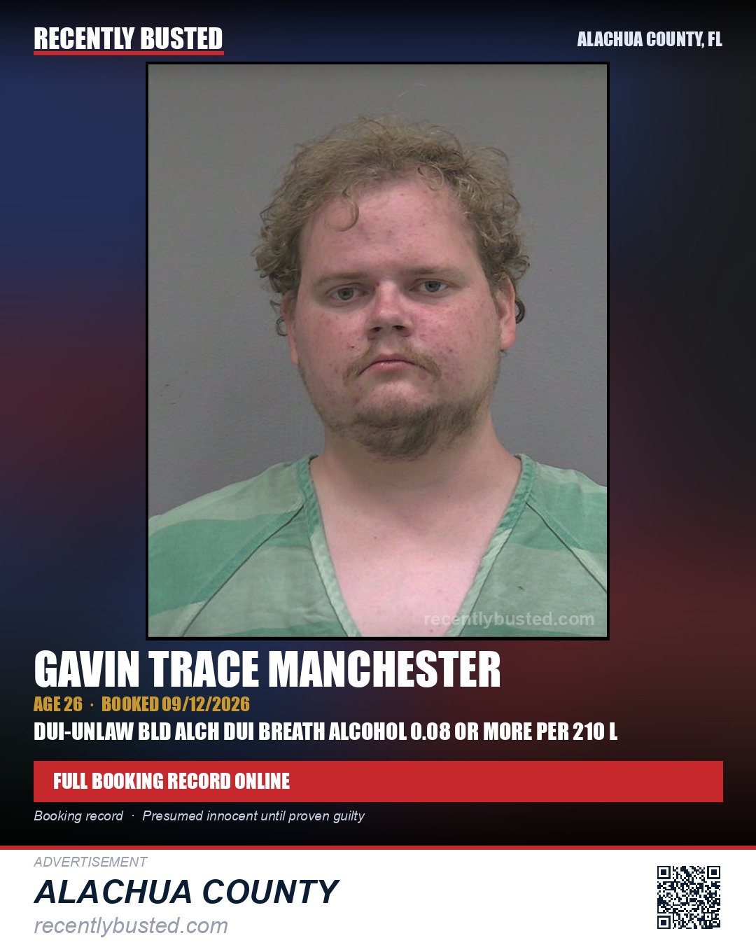Gavin Trace Manchester — arrest record card, Alachua County, Florida
