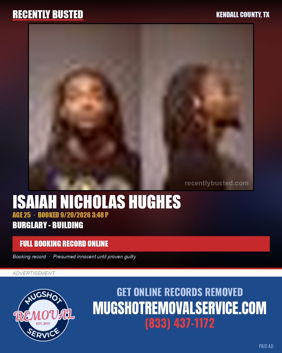 HUGHES, ISAIAH NICHOLAS — arrest record card, Kendall County, Illinois