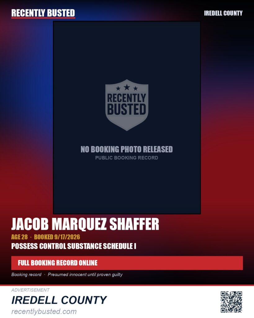 JACOB MARQUEZ SHAFFER — arrest record card, Iredell County