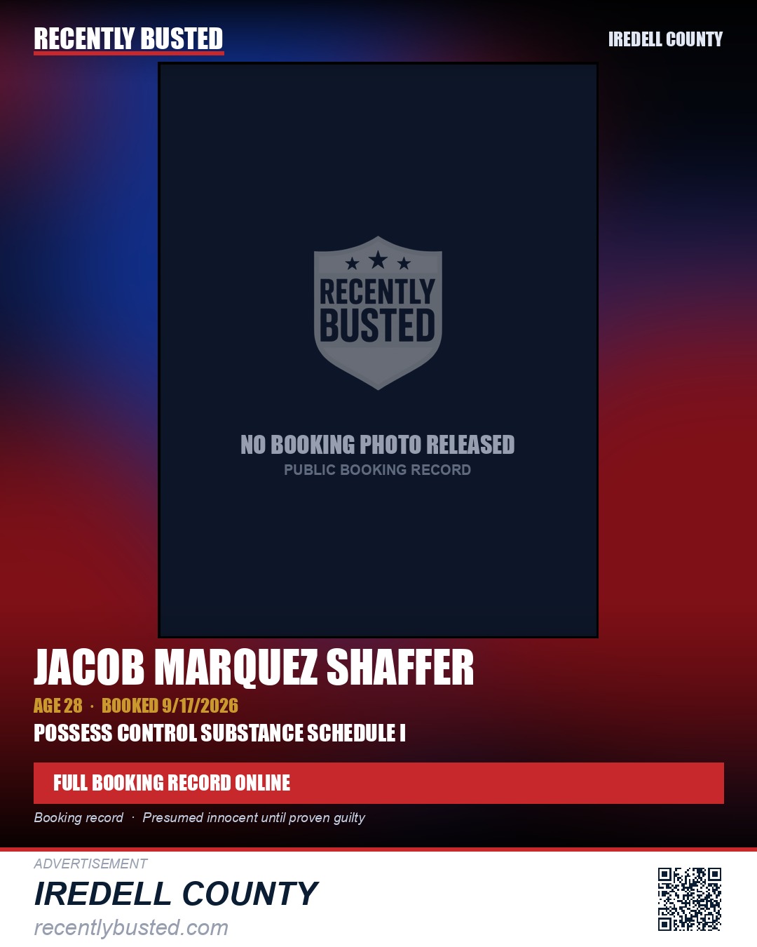 JACOB MARQUEZ SHAFFER — arrest record card, Iredell County