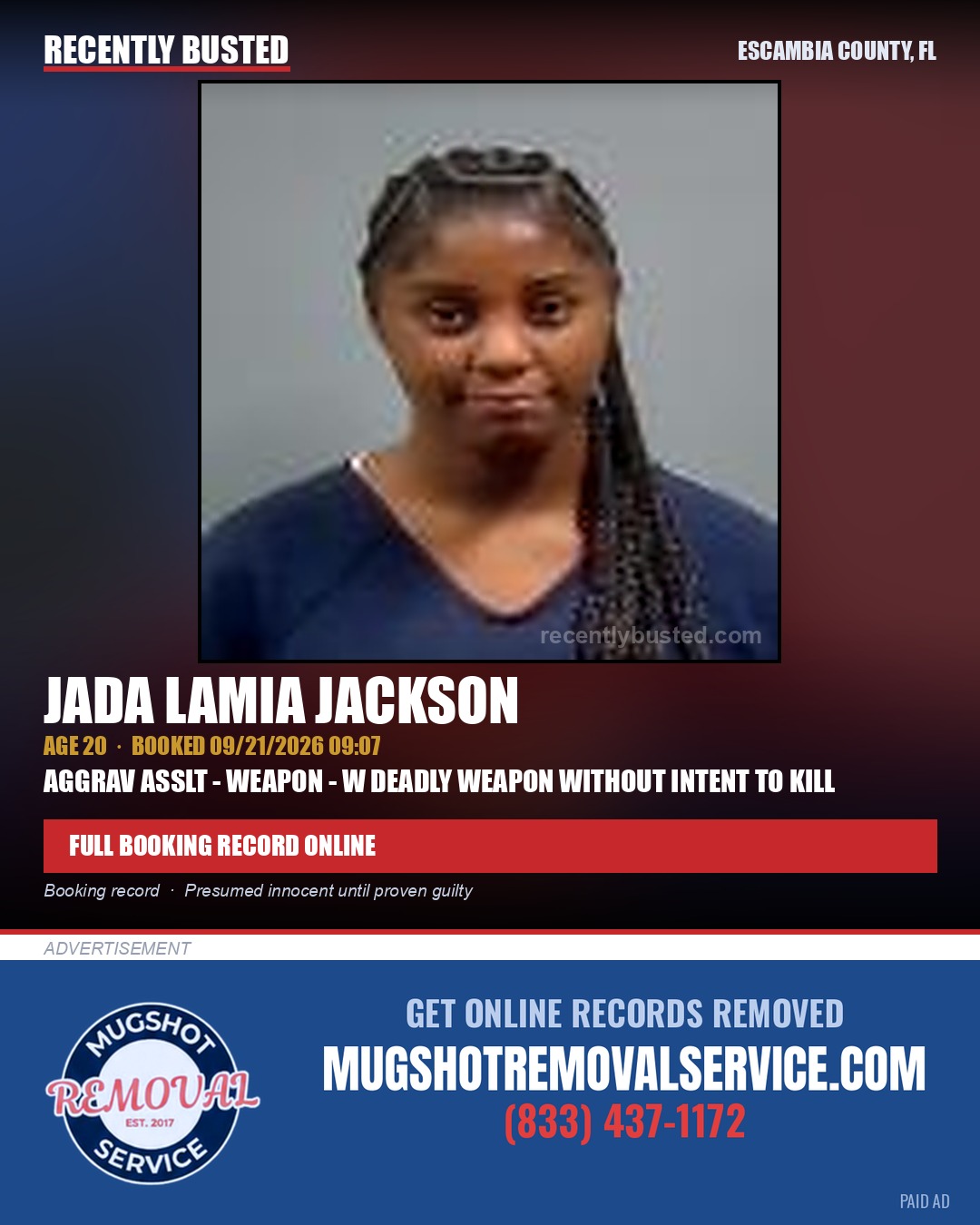 Jada Lamia Jackson — arrest record card, Escambia County, Florida