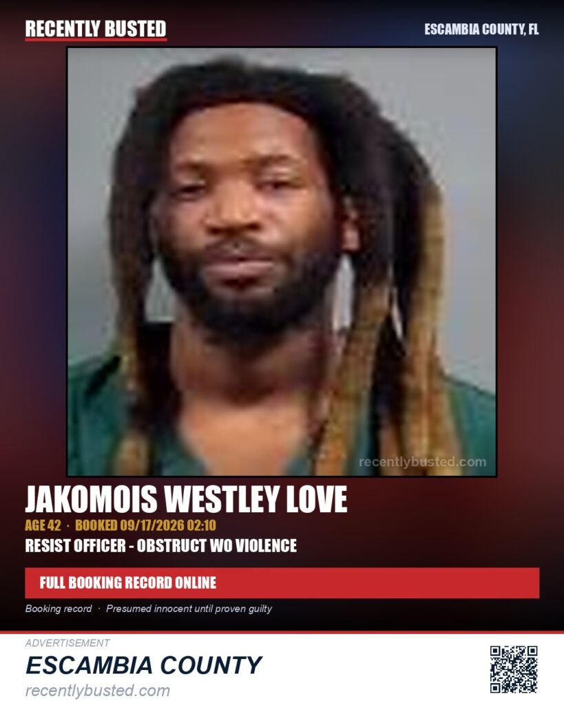 Jakomois Westley Love — arrest record card, Escambia County, Florida