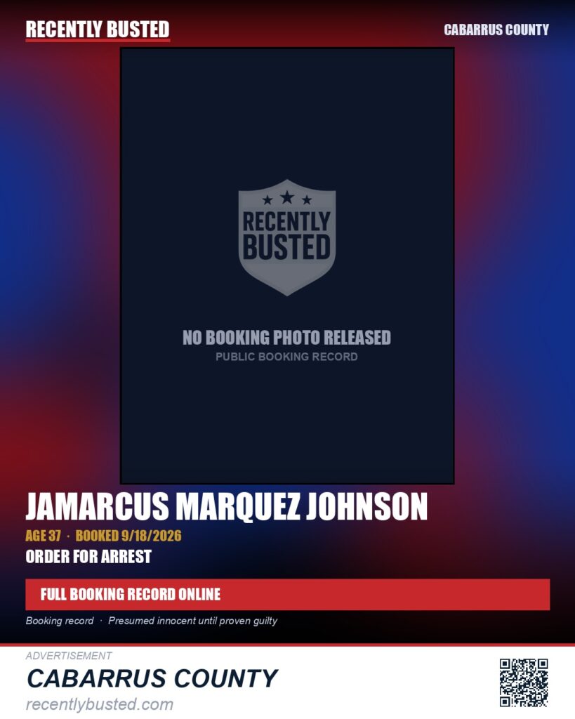 JAMARCUS MARQUEZ JOHNSON — arrest record card, Cabarrus County