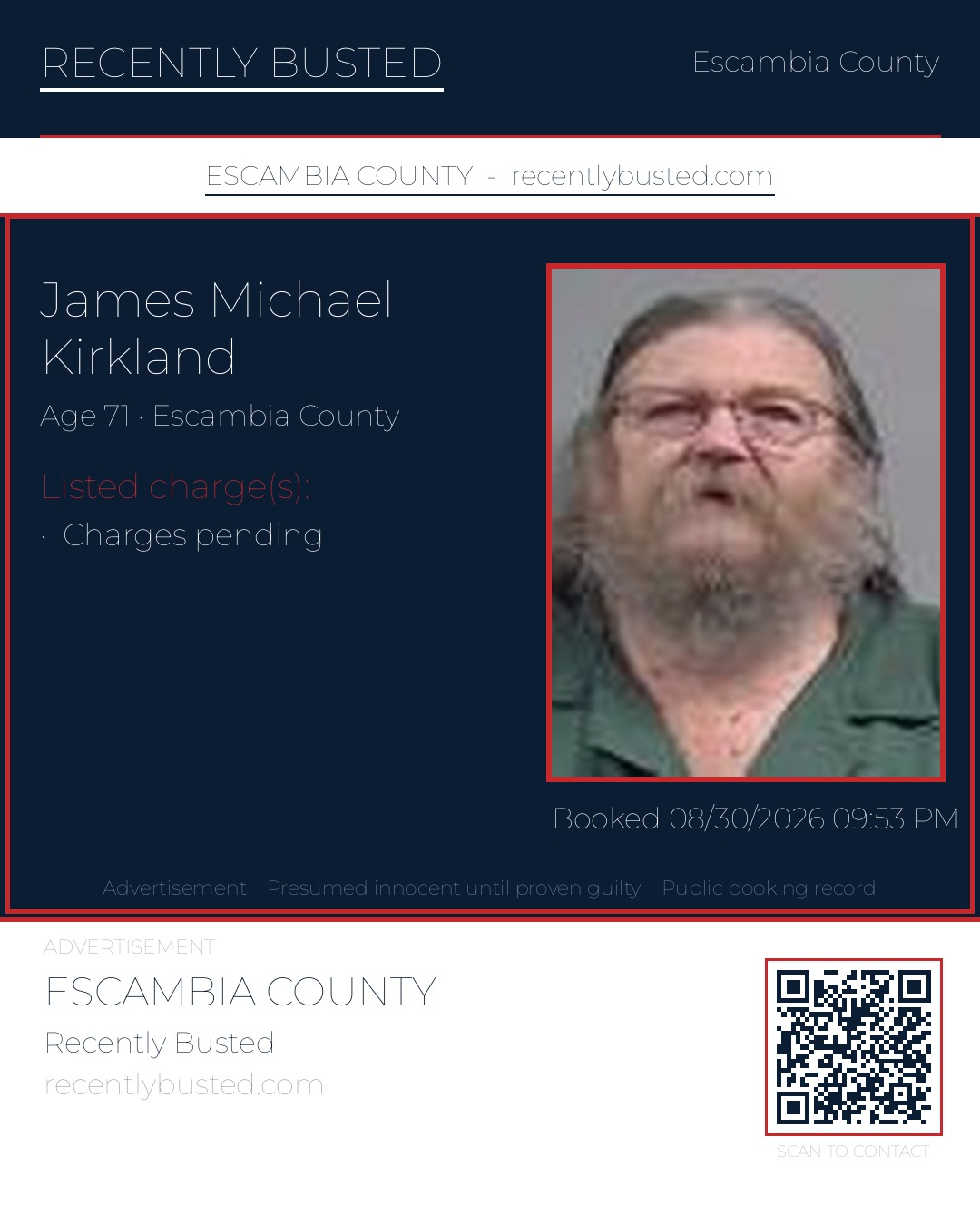 James Michael Kirkland — arrest record card, Escambia County, Florida