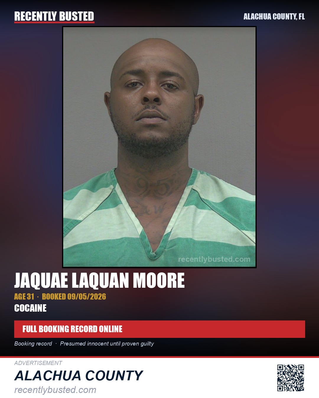 Jaquae Laquan Moore — arrest record card, Alachua County, Florida