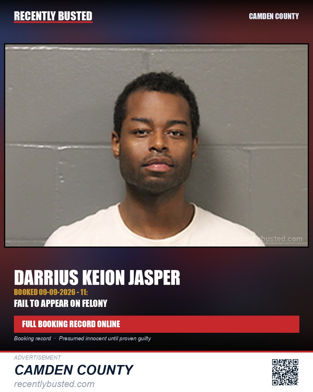 Jasper, Darrius Keion — arrest record card, Camden County