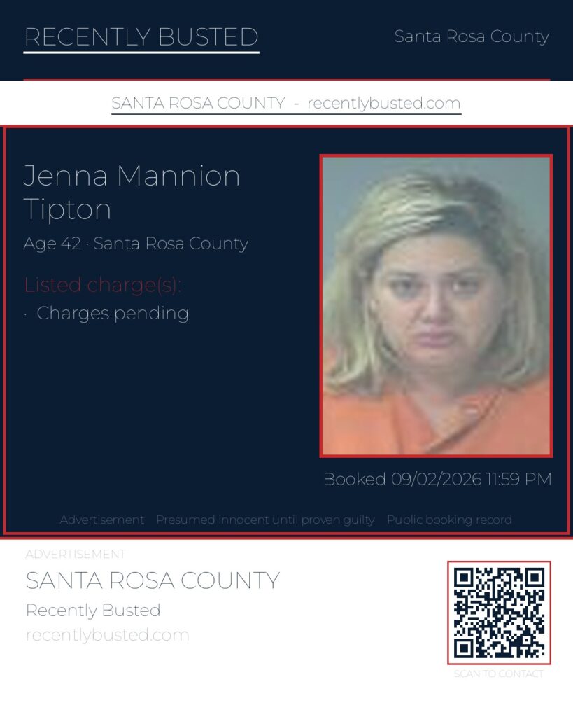 Jenna Mannion Tipton — arrest record card, Santa Rosa County, Florida
