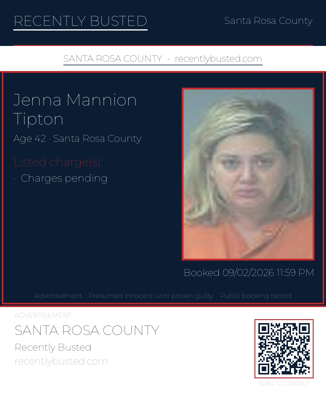 Jenna Mannion Tipton — arrest record card, Santa Rosa County, Florida