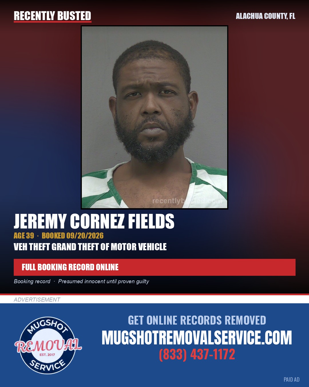 Jeremy Cornez Fields — arrest record card, Alachua County, Florida