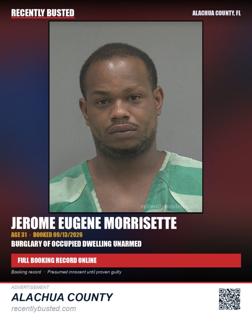 Jerome Eugene Morrisette — arrest record card, Alachua County, Florida