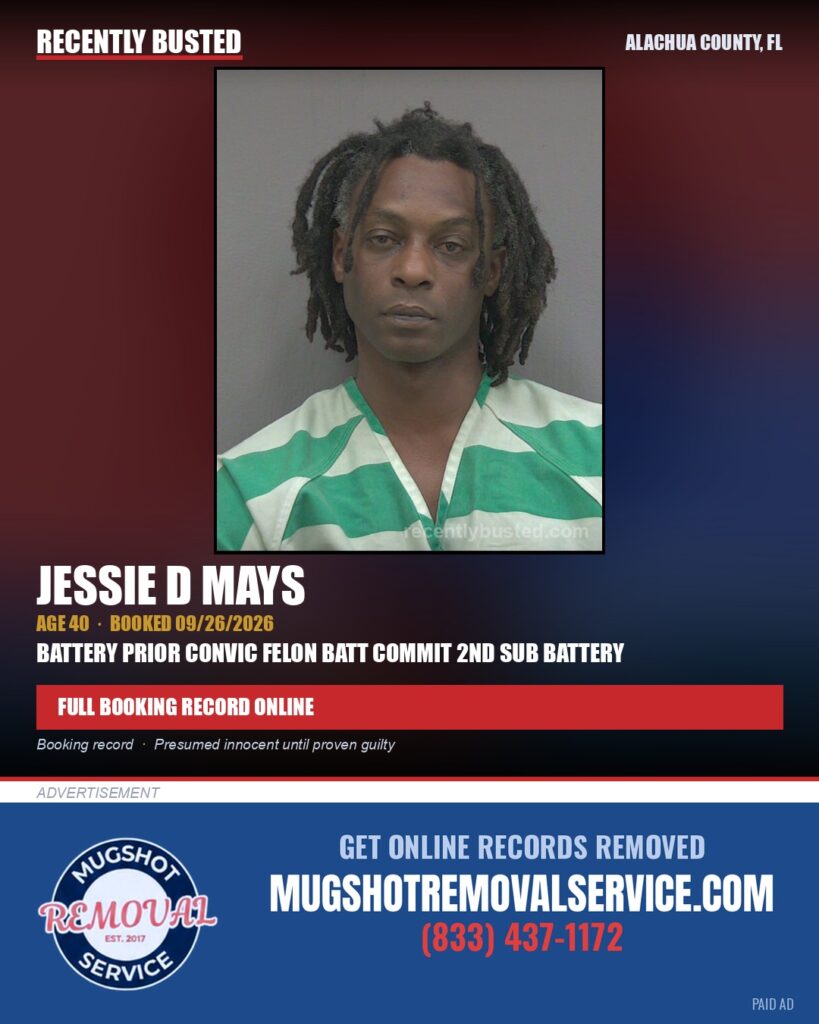 Jessie D Mays — arrest record card, Alachua County, Florida