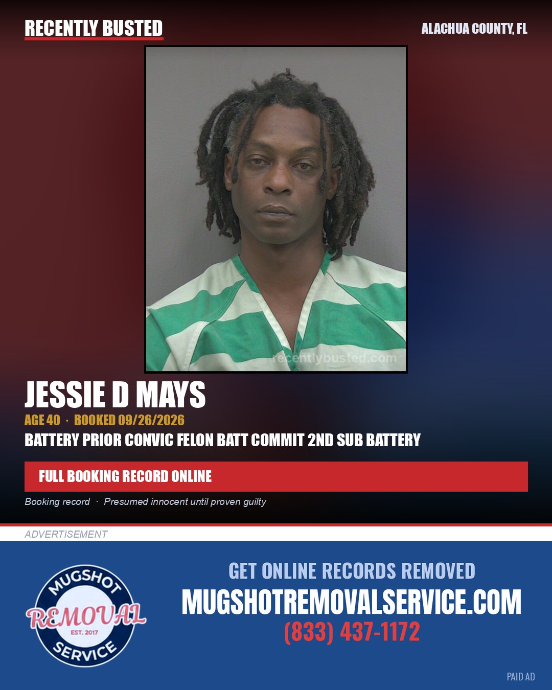 Jessie D Mays — arrest record card, Alachua County, Florida