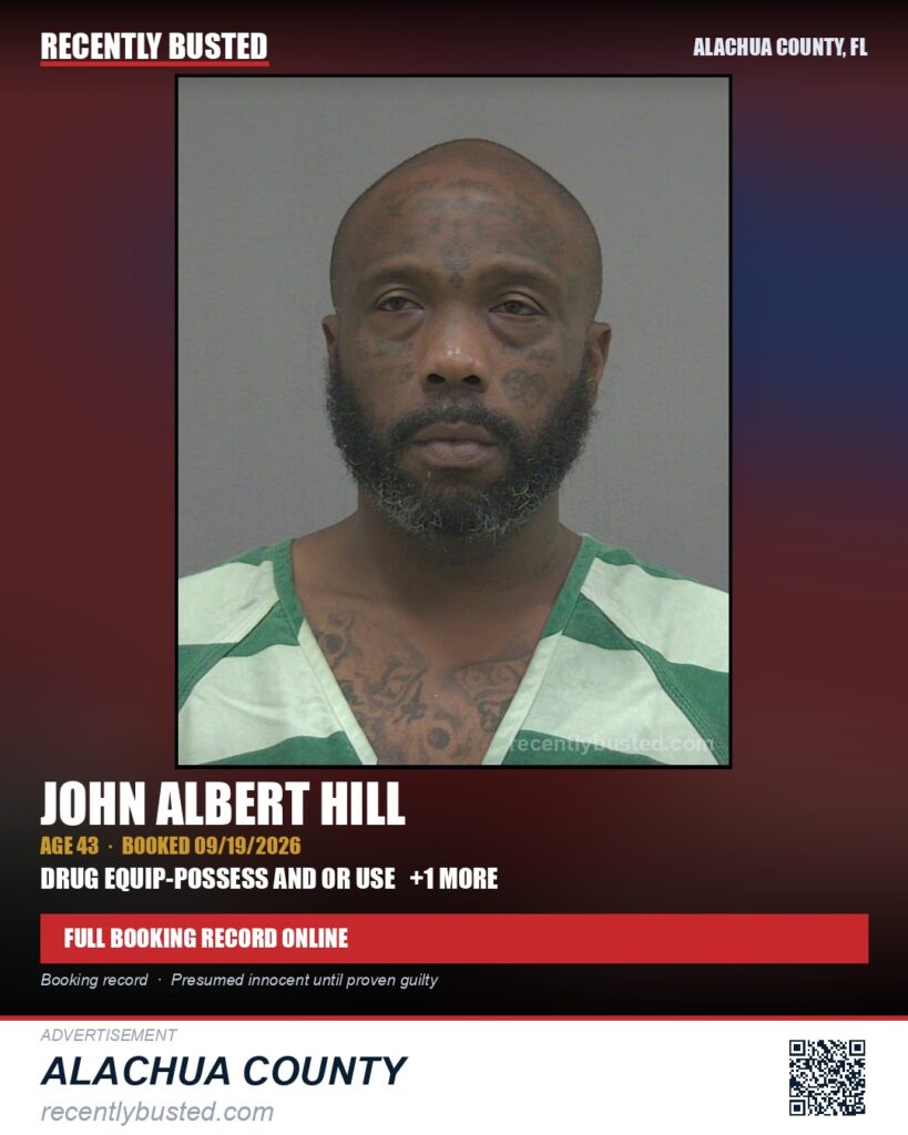 John Albert Hill — arrest record card, Alachua County, Florida
