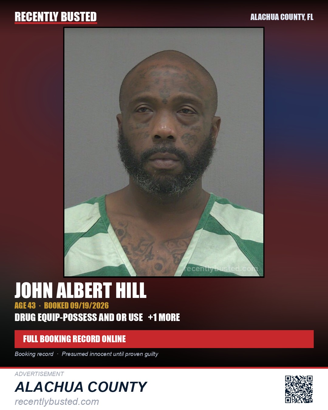 John Albert Hill — arrest record card, Alachua County, Florida