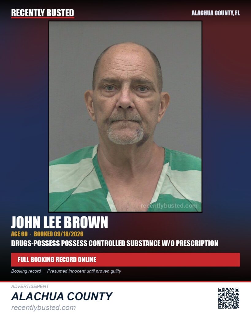 John Lee Brown — arrest record card, Alachua County, Florida