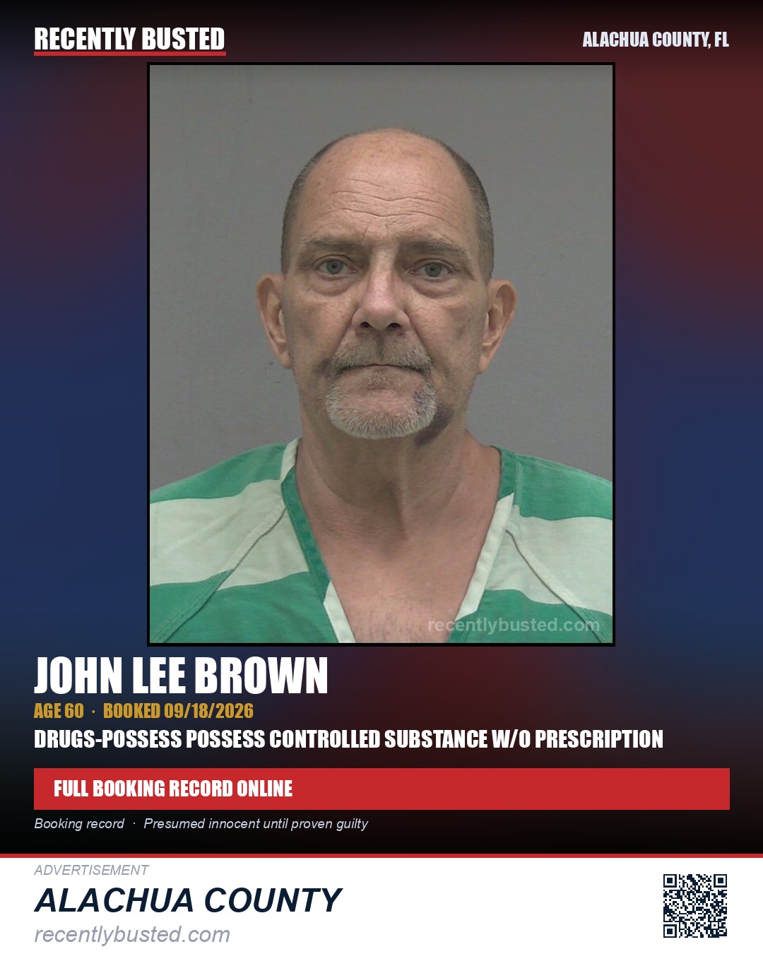John Lee Brown — arrest record card, Alachua County, Florida