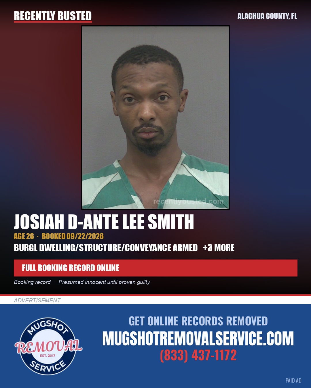 Josiah D-Ante Lee Smith — arrest record card, Alachua County, Florida
