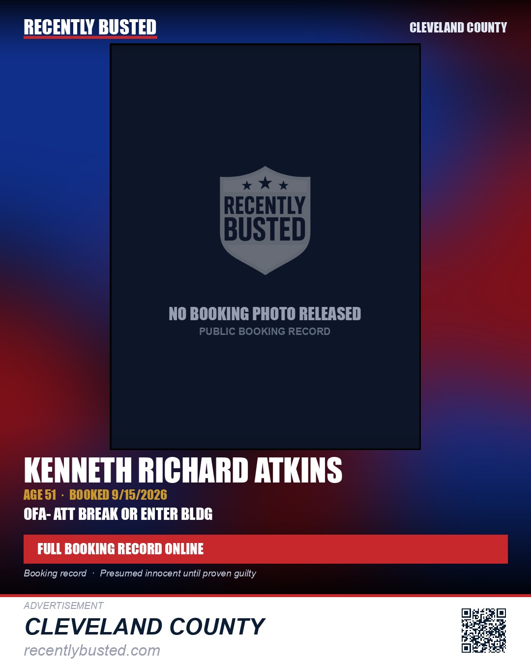 KENNETH RICHARD ATKINS — arrest record card, Cleveland County
