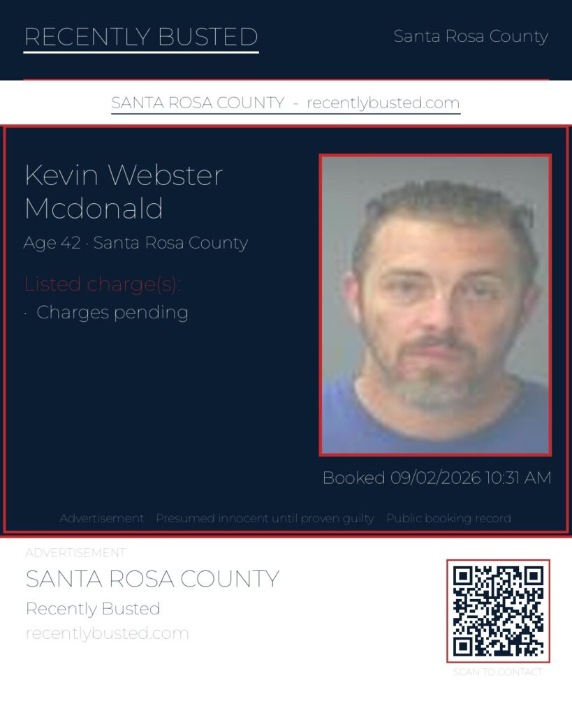 Kevin Webster Mcdonald — arrest record card, Santa Rosa County, Florida