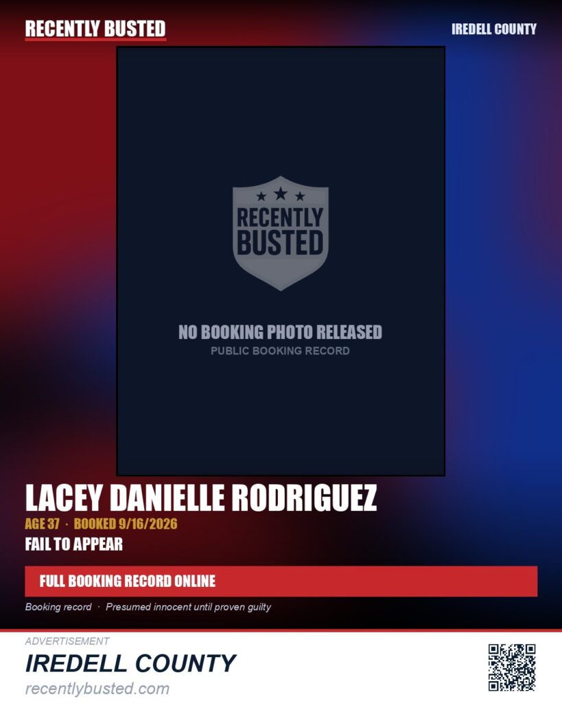 LACEY DANIELLE RODRIGUEZ — arrest record card, Iredell County