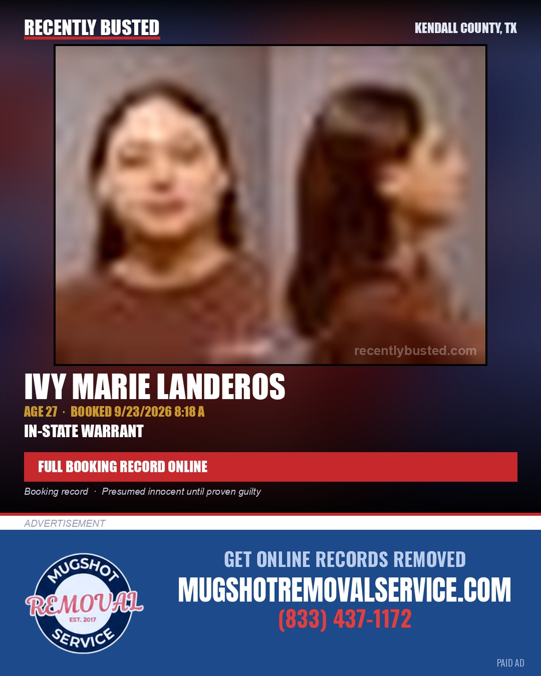 LANDEROS, IVY MARIE — arrest record card, Kendall County, Illinois