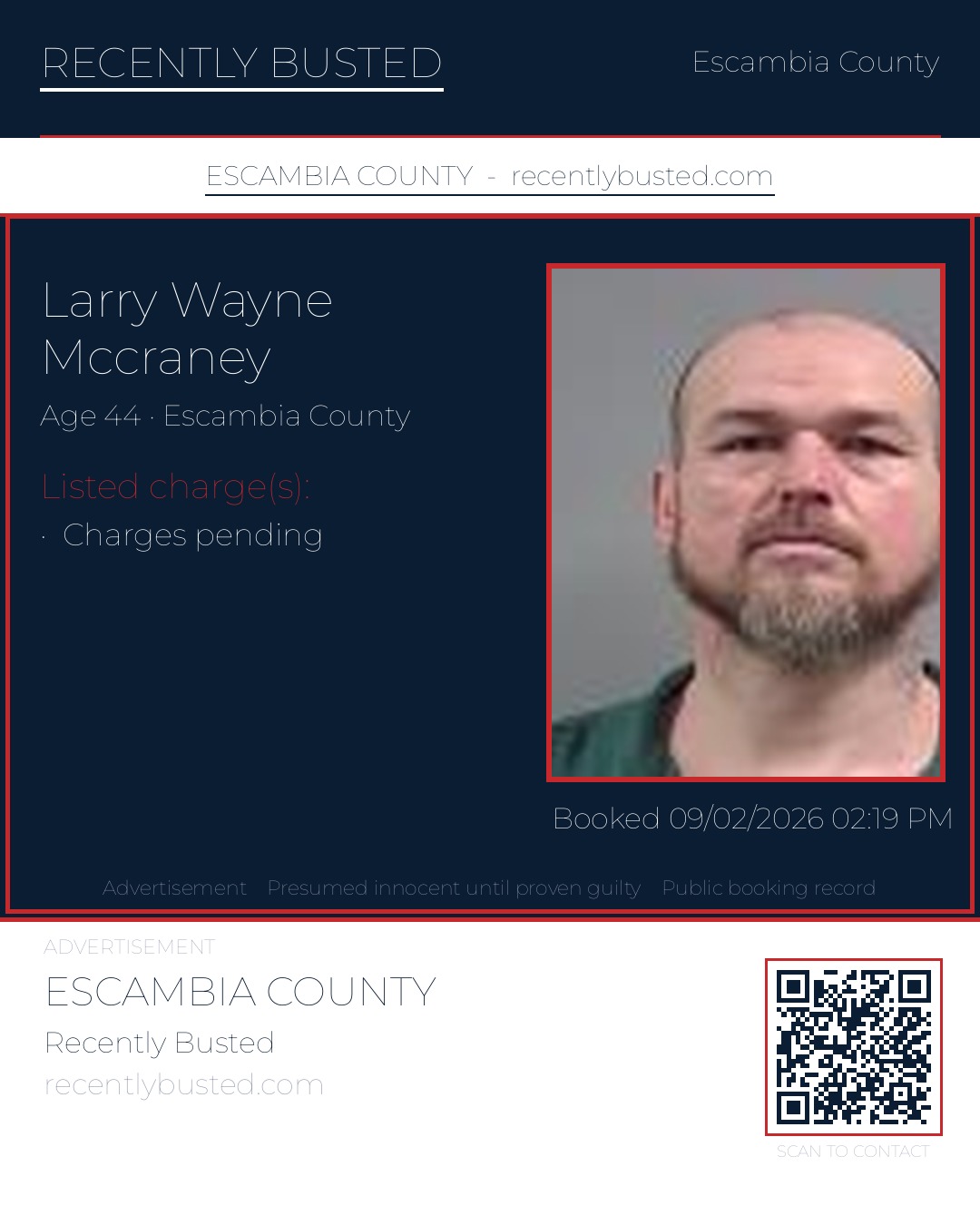 Larry Wayne Mccraney — arrest record card, Escambia County, Florida