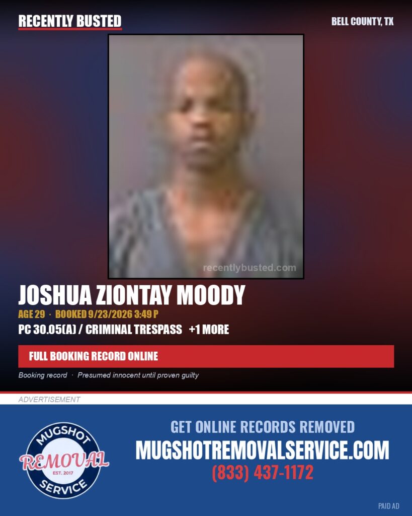 MOODY, JOSHUA ZIONTAY — arrest record card, Bell County, Texas