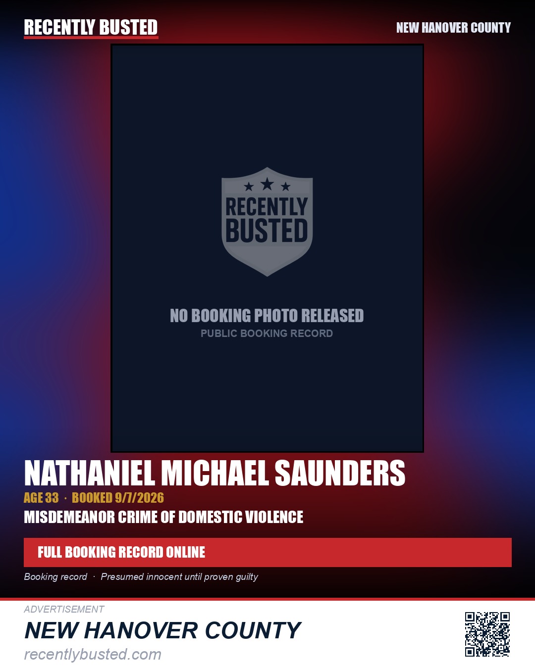 NATHANIEL MICHAEL SAUNDERS — arrest record card, New Hanover County