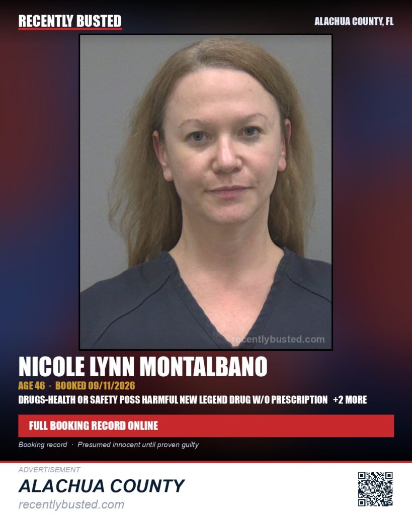 Nicole Lynn Montalbano — arrest record card, Alachua County, Florida