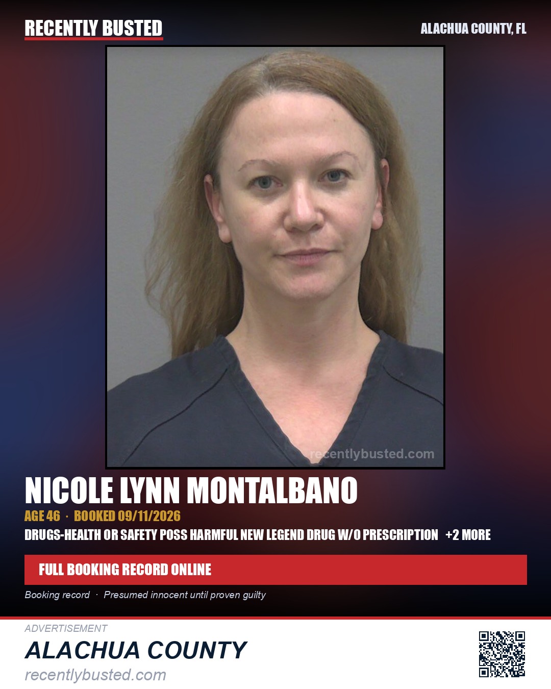 Nicole Lynn Montalbano — arrest record card, Alachua County, Florida