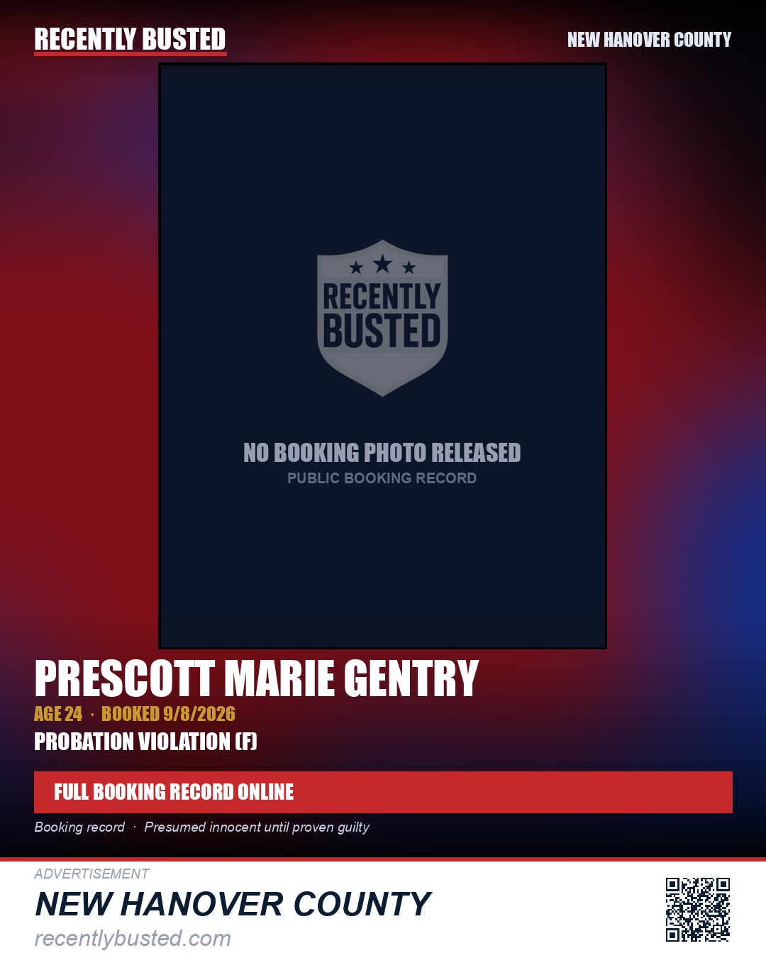 PRESCOTT MARIE GENTRY — arrest record card, New Hanover County