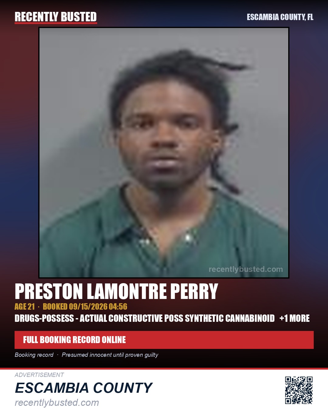 Preston Lamontre Perry — arrest record card, Escambia County, Florida