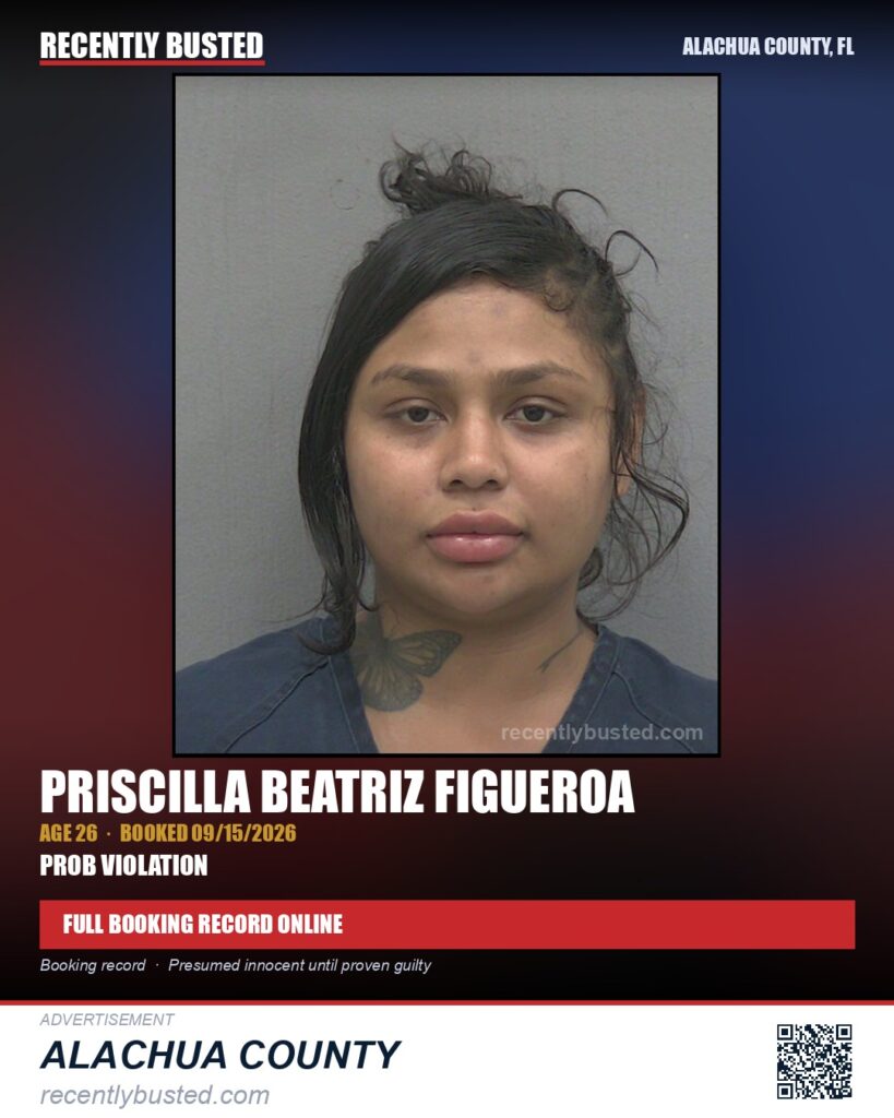 Priscilla Beatriz Figueroa — arrest record card, Alachua County, Florida