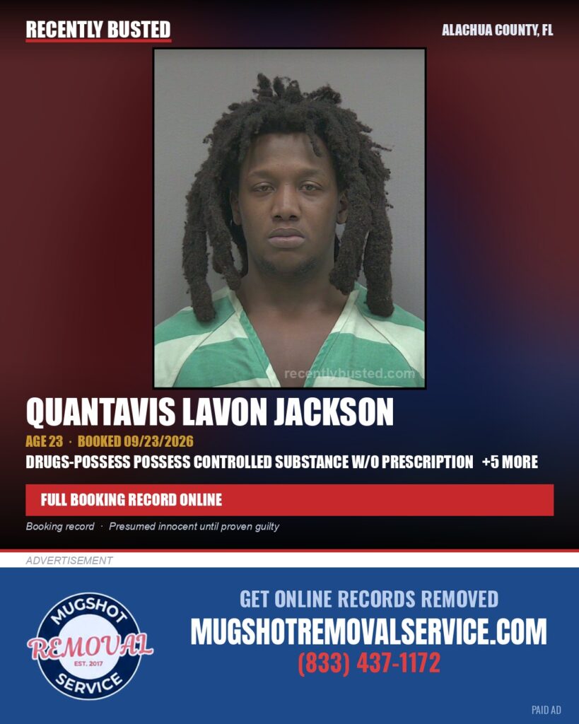 Quantavis Lavon Jackson — arrest record card, Alachua County, Florida