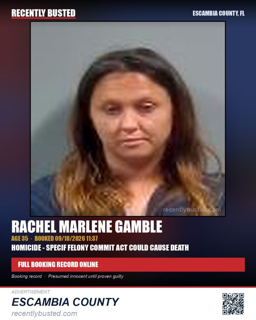 Rachel Marlene Gamble — arrest record card, Escambia County, Florida