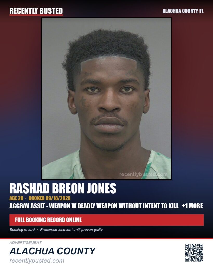 Rashad Breon Jones — arrest record card, Alachua County, Florida