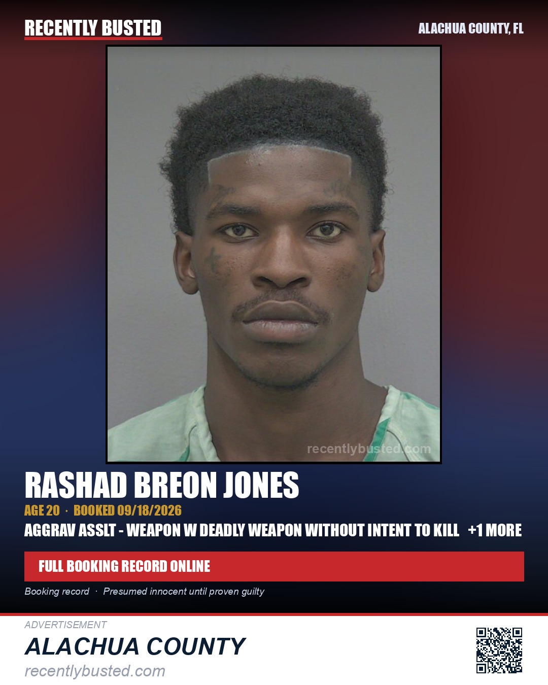 Rashad Breon Jones — arrest record card, Alachua County, Florida