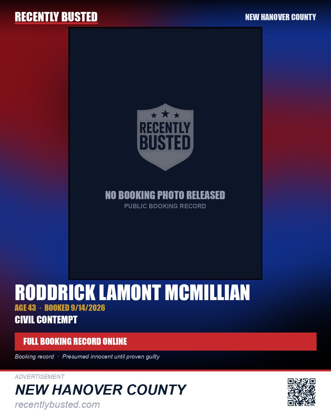RODDRICK LAMONT MCMILLIAN — arrest record card, New Hanover County