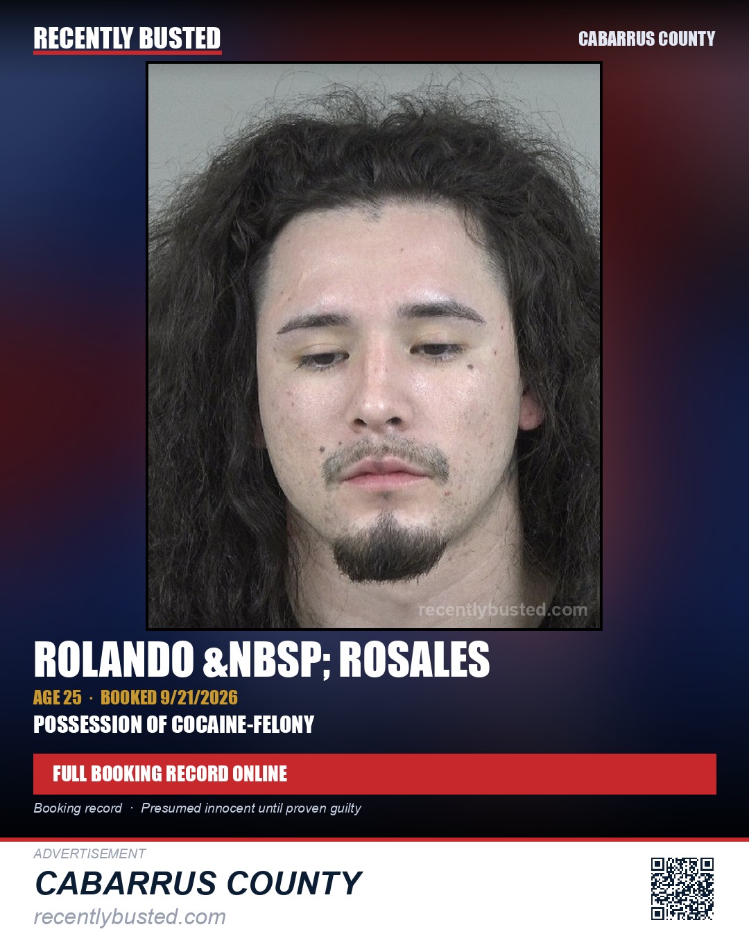 ROLANDO ROSALES — arrest record card, Cabarrus County