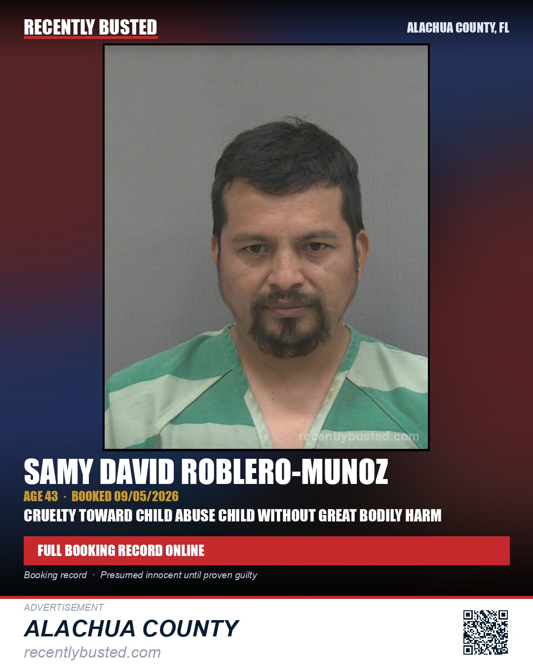 Samy David Roblero-Munoz — arrest record card, Alachua County, Florida